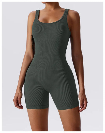 Women's Yoga Rompers One Piece Tummy Control Seamless Ribbed Jumpsuit Padded Sports Bra Workout Romper Fashion Fitness Sportwear