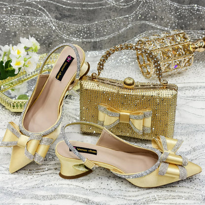 Shoes and Bag to Match Wine Colour Pointed-Toe Rhinestone Bow Party Women's High Heels