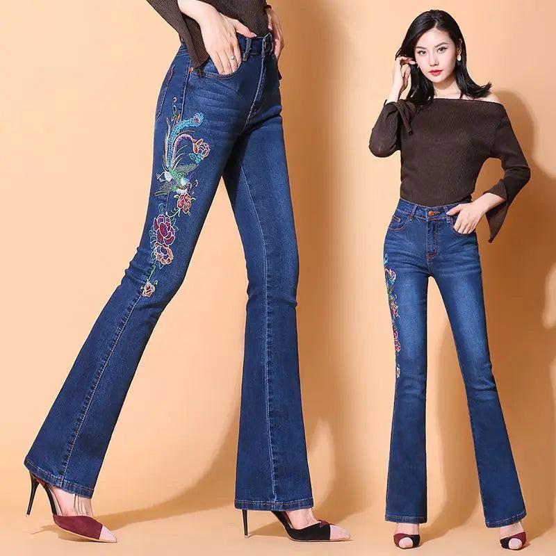 Vintage Ethnic Embroidery Flare Jeans Women Blue Wash Button Pocket Zipper Elastic High Waist Casual Versatile Straight Pants