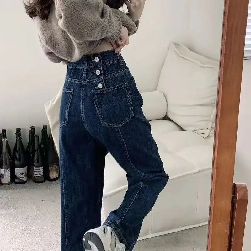 Vintage Autumn Spring Fashion Female Solid High Waist Jeans