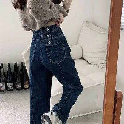 Vintage Autumn Spring Fashion Female Solid High Waist Jeans