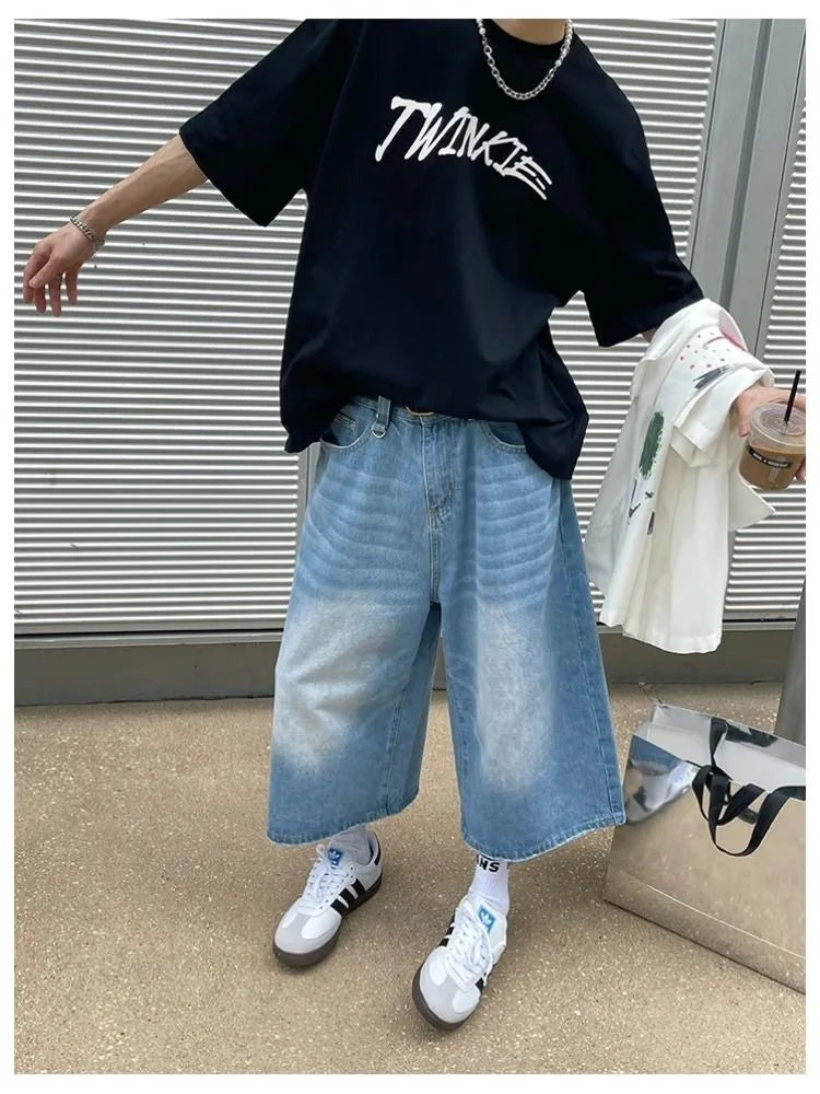 Women Black Y2k Style Baggy Denim Shorts Wide Leg Capri Pants