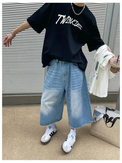 Women Black Y2k Style Baggy Denim Shorts Wide Leg Capri Pants