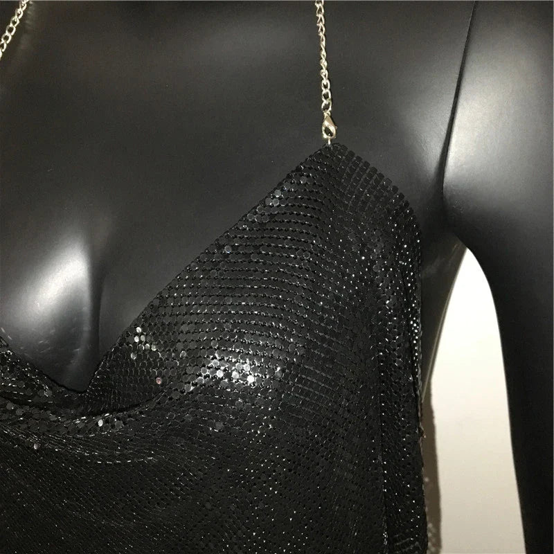 Shiny Metal Sequins Tank Tops For Women Sexy Backless V Neck Adjustable Chain Crop Top Lady Festival Rave Party Club Camisole