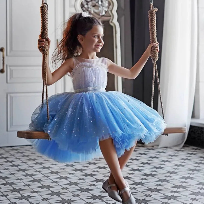 New Baby Kids Girls Elegant Printed Butterfly Flower Princess Party Tutu Dresses Children Sequins Wedding Evening Girl Clothes