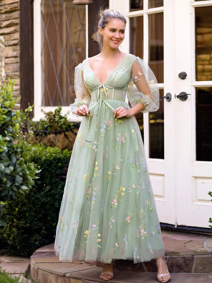 Sweetheart Embroidery Prom Dress Women A Line Tea-Length Green Tulle Puff Sleeves Floral Corset Midi Formal Evening Party Gowns