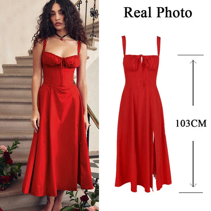 Women's Summer Floral Print Dresses Sweet Elegant Midi Holiday Dress Casual Slit Blue Lace Up Dresses 2023