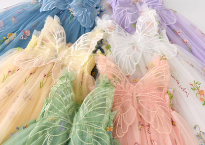 Girls Princess Dress with 3D Wings - Sparkle Tulle Sleeveless Gown, Fairy Puffy Party Dress for Birthday & Holiday