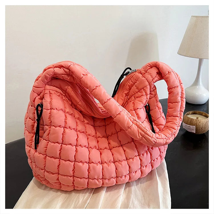 Casual Ruched Hobos Women Shoulder Bags Quilted Padded Crossbody Bag Large Capacity Nylon Puffer Tote Bag Big Shopper Purses