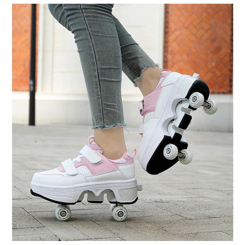 Children Wheels Shoes Roller Sneakers With 4 Wheels Skates Adult Runaway Parkour Deformation Shoes For Women Men Youth Kids Gift