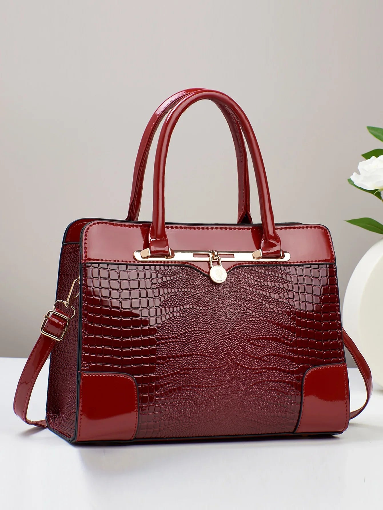 Crocodile Pattern Handbag, Women Large Capacity Crossbody Bag, Fashion Glossy Satchel Purse