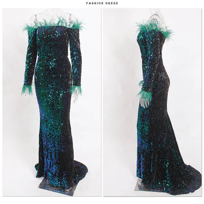 Sparkle Sequin Green Feathers Maxi Cocktail Dress Mermaid Off Shoulder Long Sleeves Stretch Wedding Party Gown Dresses 2025