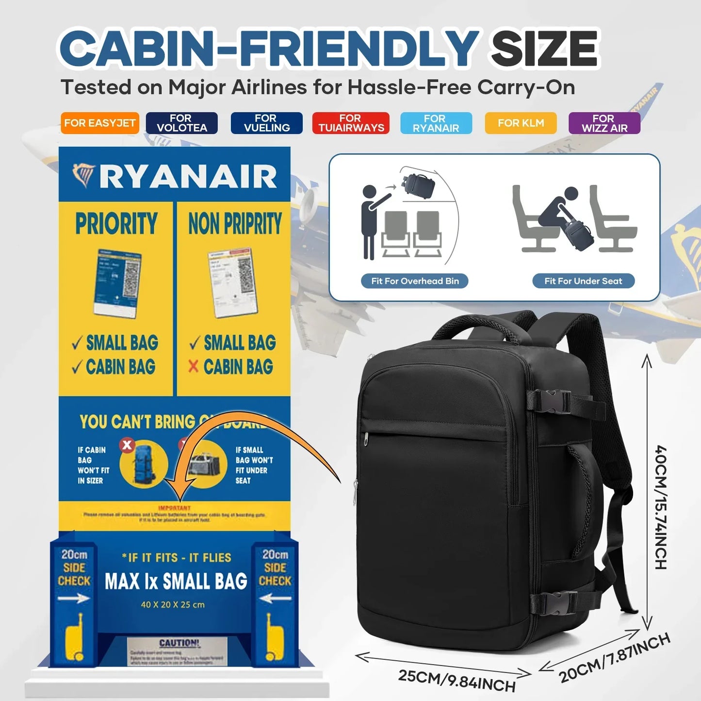 Men 15.6 inch Laptop Bag Cabin Airplane Travel Backpack 40x20x25, Able Carry Hand Luggage Backpack Ryanair, College Backpack