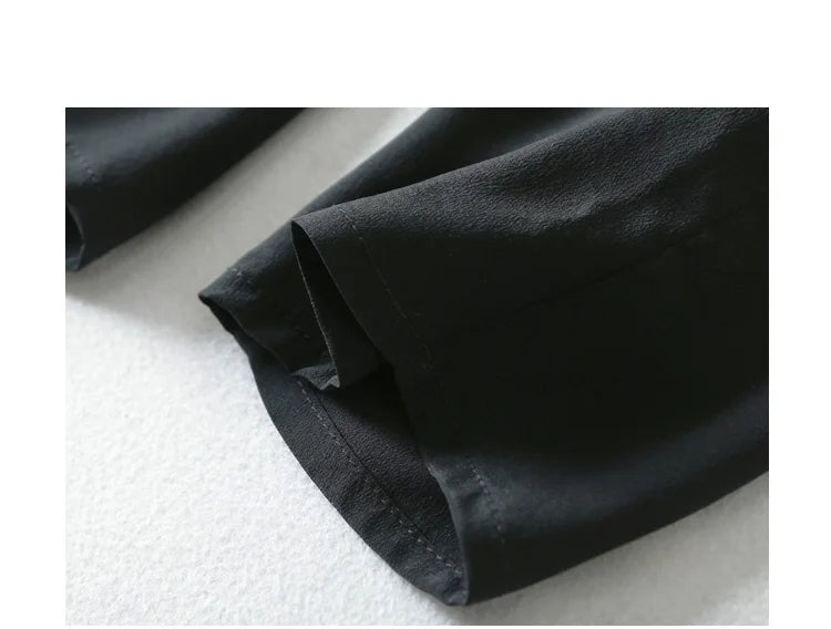 Women Long Pants 100% Mulberry Silk Belted Waist Trousers With Pockets Black Color Office Lady M0609