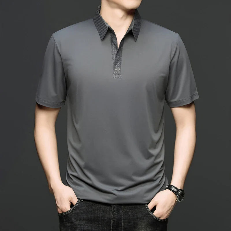 Fashion V-neck short sleeve T-shirt men's summer solid color silky smooth breathable personalized jacquard buttonless polo shirt