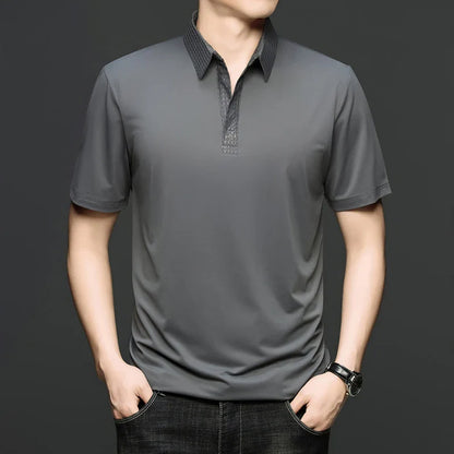 Fashion V-neck short sleeve T-shirt men's summer solid color silky smooth breathable personalized jacquard buttonless polo shirt