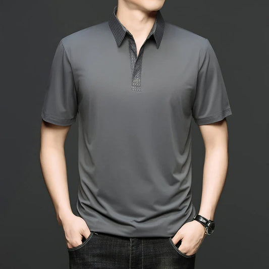 Fashion V-neck short sleeve T-shirt men's summer solid color silky smooth breathable personalized jacquard buttonless polo shirt