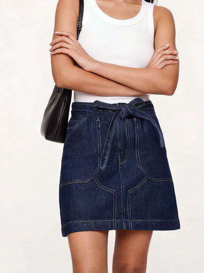 Women's Spring Summer Vintage Denim Mini Skirt Non-Stretch High Waist Belted Casual Streetwear Korean Y2K Fashion A-Line Skirt