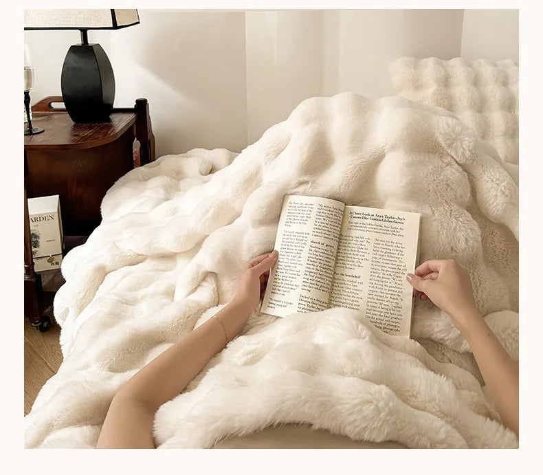 2025 new solid color imitation rabbit plush milk plush thickened thermal leisure home blanket office nap blanket, no pillowcase.
