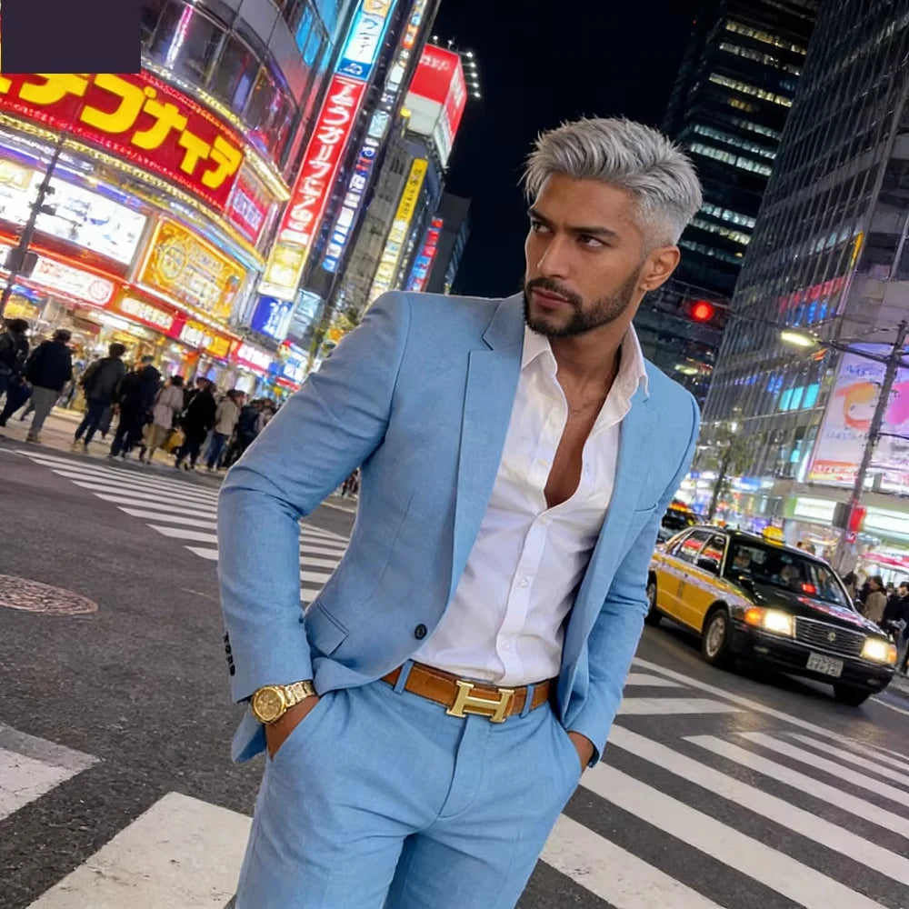Men's Casual Tailored Peaked Lapel  Blue 2-Piece Set Jacket And Pants Designer Business Wear Evening Party