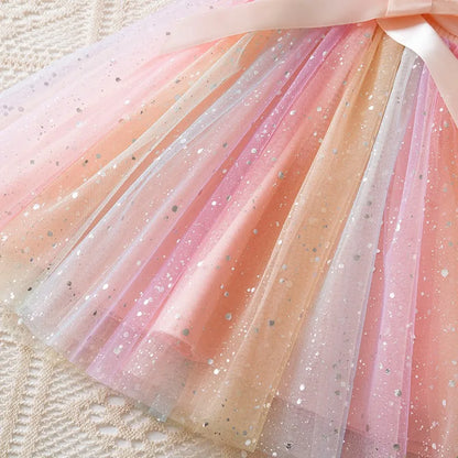 Sweet Girls Flying Sleeves Bow Sequin Dress Kids Baby Girl Birthday Party Fluffy Tutu Princess Dress 1-5Y