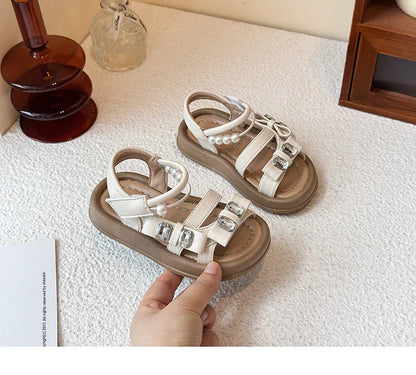 Girls' rhinestone sandals 2025 Summer New children's perforated breathable princess shoes Girls' soft-soled beach shoes