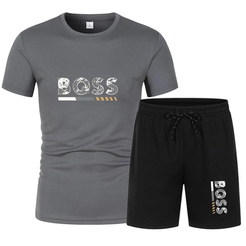 Summer men's short sleeved set, casual fashion, men's quick drying summer sports set, breathable mesh short sleeved T-shirt shor