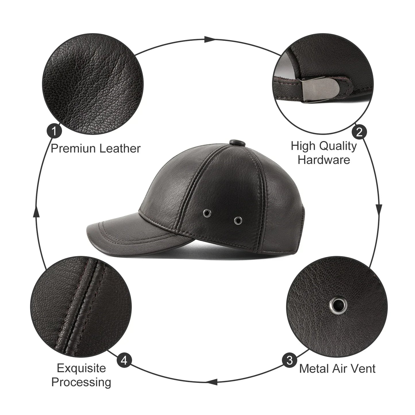 Genuine Leather Unisex Baseball Cap 100% Leather Winter Structured Flat Adjustable Back Strap Hat