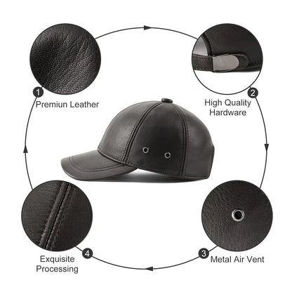 Genuine Leather Unisex Baseball Cap 100% Leather Winter Structured Flat Adjustable Back Strap Hat