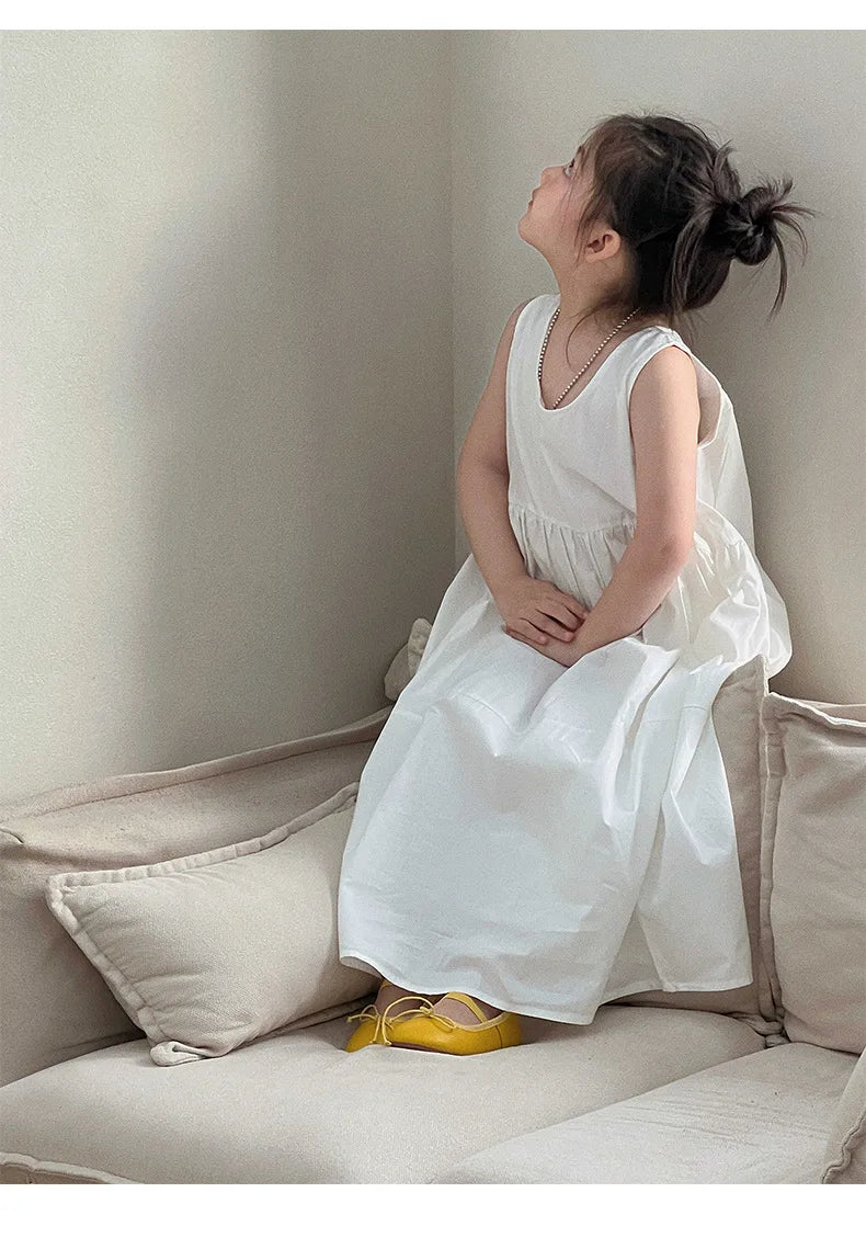 Summer White Vest Dress for Kids Girls Simple Loose Sleeveless Childrens Long Dress Cotton 2-8Y Girl Clothing Casual wear