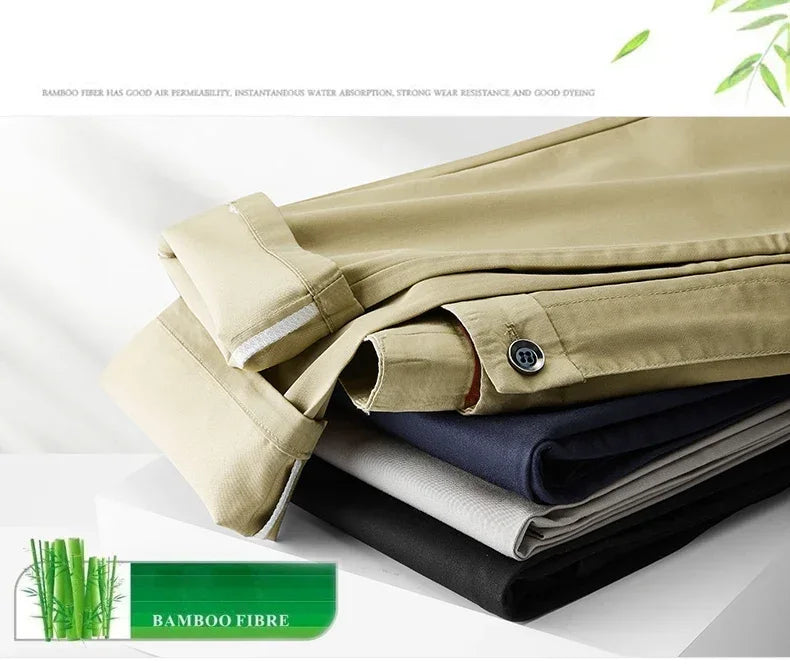 Thin Men Bamboo Summer Pants Casual High Quality Business Classic Fashion Stretch Slim Formal Straight Trousers Black Gray Khaki