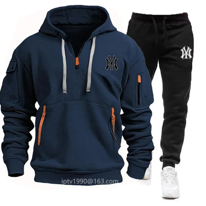 A stylish, casual and fitness two-piece set for men's autumn and winter 2025: zipper hoodie, long-sleeved pullovers and jogging