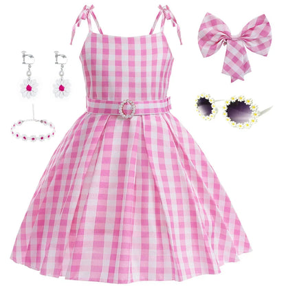 Girl Cosplay Costume Children's Summer Sweet Pink Plaid Dresses Party Princess Dress Casual Clothing 4-13 Years Old