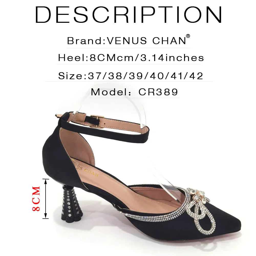 Ladies Pointed-Toe Party High Heels Magenta Colour Bow Rhinestone Stereo Bag Evening  African Wedding Shoe And Bag Set
