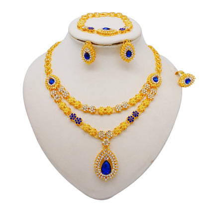 Women Gold Color Jewelry Sets Blue Pendant Necklace Earrings Bracelet Ring Sets Party Gifts