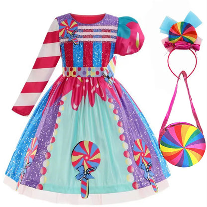 New Sweet Lollipop Candy Girl Dress Carnival Party Little Kids Birthday Costume Fancy Rainbow Tutu Children Wedding Clothes