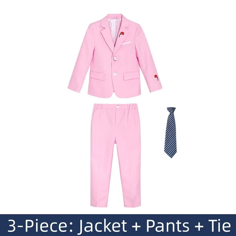 Pink Rose Embroidery Kids Formal Suit Set 3 Pieces Blazer Pants Tie Boy Wedding Suit Communion for Boys Tuxedos Teen Suit