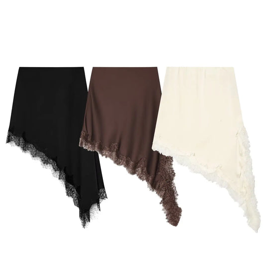 Women Asymmetric Lace Midi Skirt In-seam Zip High Waist Spring Summer  Casual Holiday Skirts ﻿Mujer