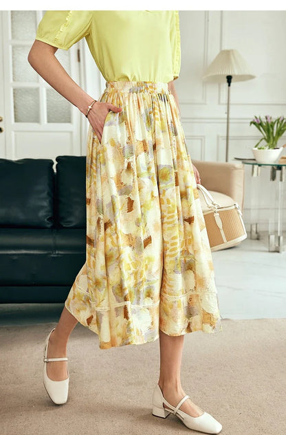 Women Long Skirt French Fashion Floral Skirt 2026 Summer High-waisted Splicing Hollow A-shaped Pendulum Skirts O23XB80203