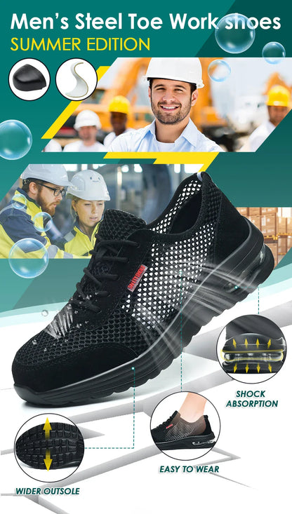 Men's Summer Steel Toe Safety Shoes Anti-Crush And Piercing Breathable Lightweight Outdoor Pure Black Work Shoes