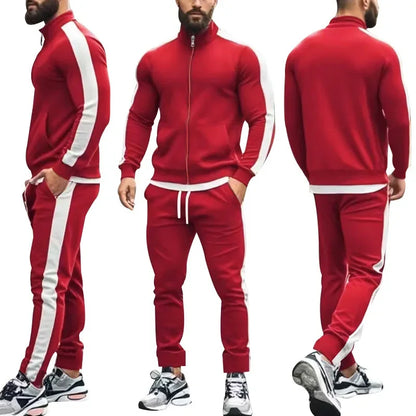 2025 Spring Autumn Men's 2-Piece Set Color Blocking Zipper Stand Collar Casual Sports Jacket Sweatshirt Trousers Suit