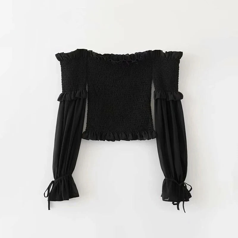 Solid Color Slim Fit Off Shoulder Sexy Women's Chiffon Shirt Sweet Flare Long Sleeved Chic Fashion New Lady Short Tops 8066
