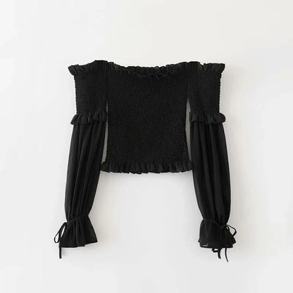 Solid Color Slim Fit Off Shoulder Sexy Women's Chiffon Shirt Sweet Flare Long Sleeved Chic Fashion New Lady Short Tops 8066
