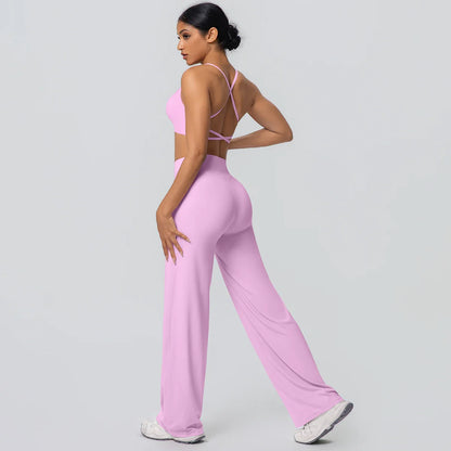 Women Gym Sports Yoga Suit Sexy Beautiful Back Yoga Underwear With Chest Pad Solid Color High Waisted Wide Leg Pants Yoga Set