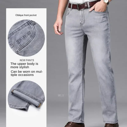 2026 Brand Thin or Thick Material Straight Cotton Stretch Denim Men's  Business Casual High Waist Light Grey Blue Jeans