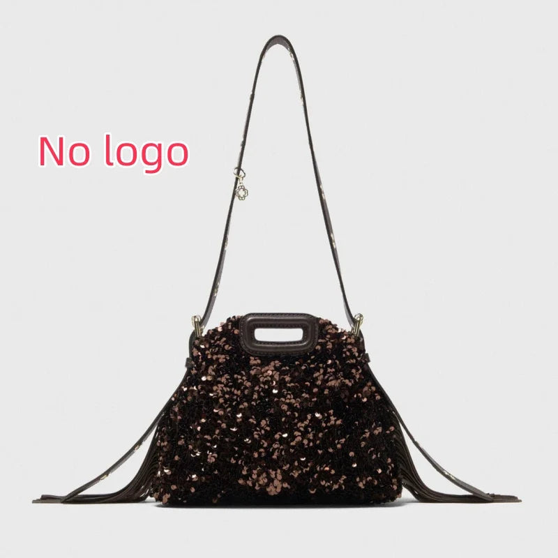 Glitter Sequined Handbag for Women, Luxury Designer Shoulder Bag with Tassel, Fashion Crossbody Bucket Bag for Ladies Elegant