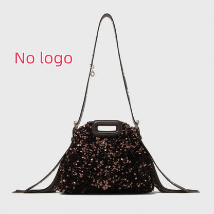 Glitter Sequined Handbag for Women, Luxury Designer Shoulder Bag with Tassel, Fashion Crossbody Bucket Bag for Ladies Elegant