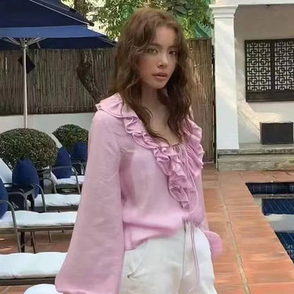 Woman 2025 Oversized Frill Blouse Spring Shirts & Blouses See-Through Chiffon Long Sleeve Top Layered Plus Size Shirts 066