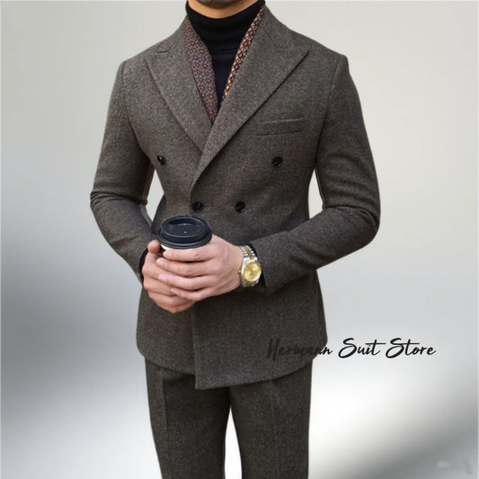 Wool Blend Men's 2 Piece Suit Set（Jacket+Pants) Double Breasted Lapel Suit Set Wedding  Prom Dinner Wrok Travel Dinner Banquet