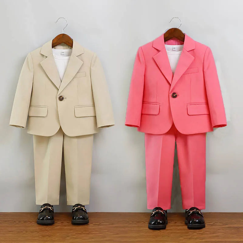 Boys Summer Khaki Pink Photography Suit Gentleman Kids Breathable Jacket Pants Ceremony Costume Children Silm Fit Wedding Dress